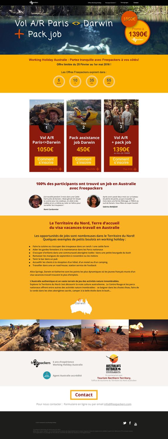 Freepackers — Working Holiday en Australie : landing longue, packs, compte à rebours et témoignages.