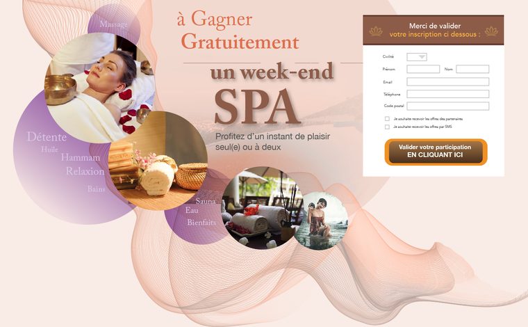 Jeu-concours — week-end spa — Même mécanique déclinée sur une dotation bien-être, univers graphique plus doux.